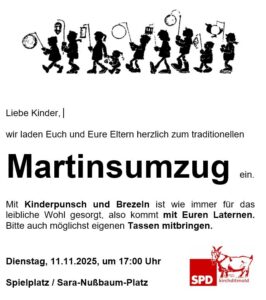 Martinsumzug Dienstag, 11.11.2025, um 17:00 Uhr Spielplatz / Sara-Nußbaum-Platz